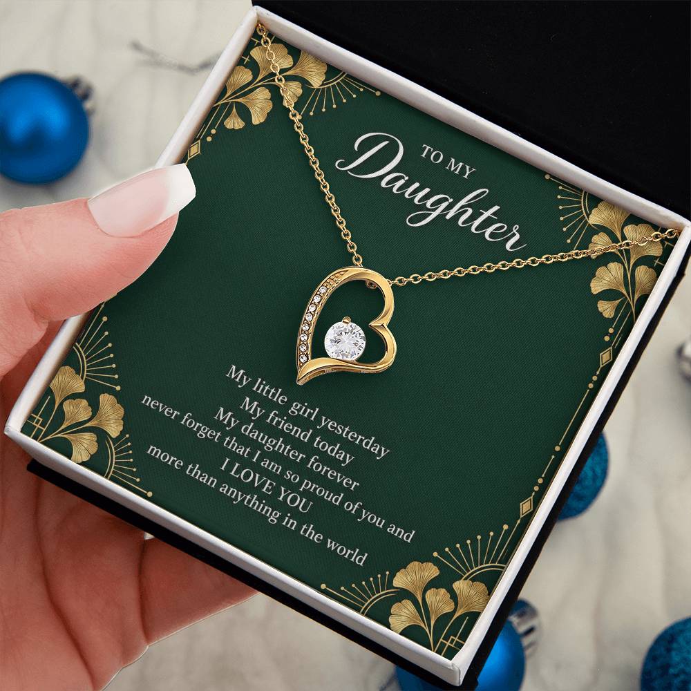 Gift for Daughter Forever Love necklace with Emerald Neo Deco message card in Yellow Gold Finish – standard box held in hand | Hensley London