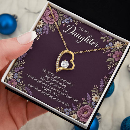 Gift for Daughter Forever Love necklace with Plum Embroidered Meadow message card in Yellow Gold Finish – standard box held in hand | Hensley London