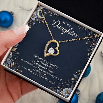Gift for Daughter Forever Love necklace with Navy Starlight message card in Yellow Gold Finish – standard box held in hand | Hensley London