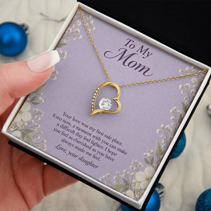 Forever Love Necklace in yellow gold finish with message card for mother | Hensley London