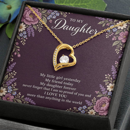Gift for Daughter Forever Love necklace with Plum Embroidered Meadow message card in Yellow Gold Finish – standard box angled close-up | Hensley London
