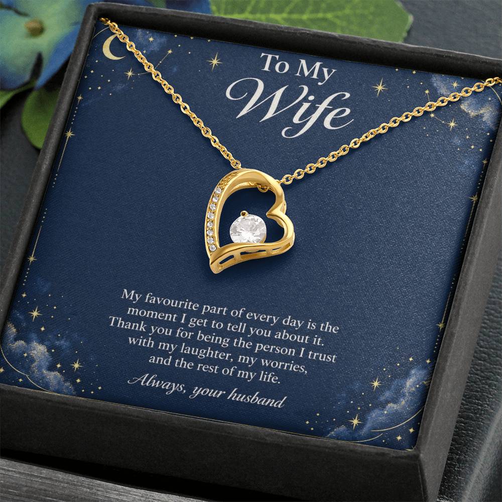 Yellow-gold Forever Love heart necklace and Wife message card in standard box, close view | Hensley London