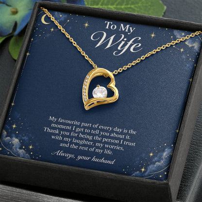 Yellow-gold Forever Love heart necklace and Wife message card in standard box, close view | Hensley London