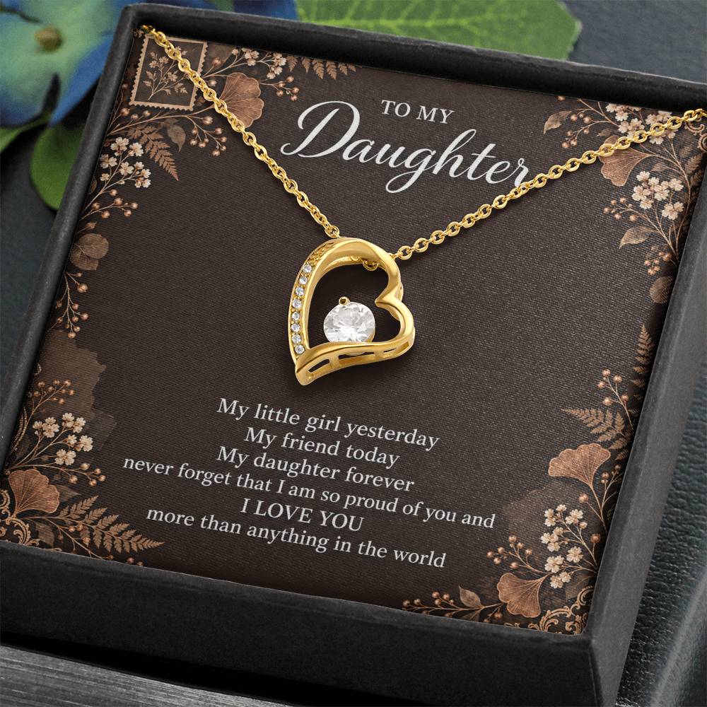 Gift for Daughter Forever Love necklace with Espresso Poet Letter message card in Yellow Gold Finish – standard box angled close-up | Hensley London