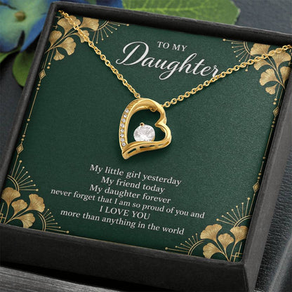 Gift for Daughter Forever Love necklace with Emerald Neo Deco message card in Yellow Gold Finish – standard box angled close-up | Hensley London