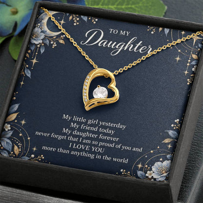 Gift for Daughter Forever Love necklace with Navy Starlight message card in Yellow Gold Finish – standard box angled close-up | Hensley London