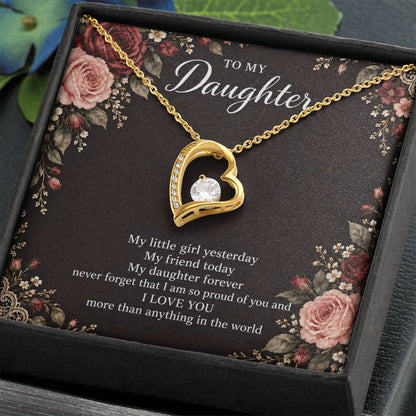 Gift for Daughter Forever Love necklace with Midnight Rose Lace message card in Yellow Gold Finish – standard box angled close-up | Hensley London