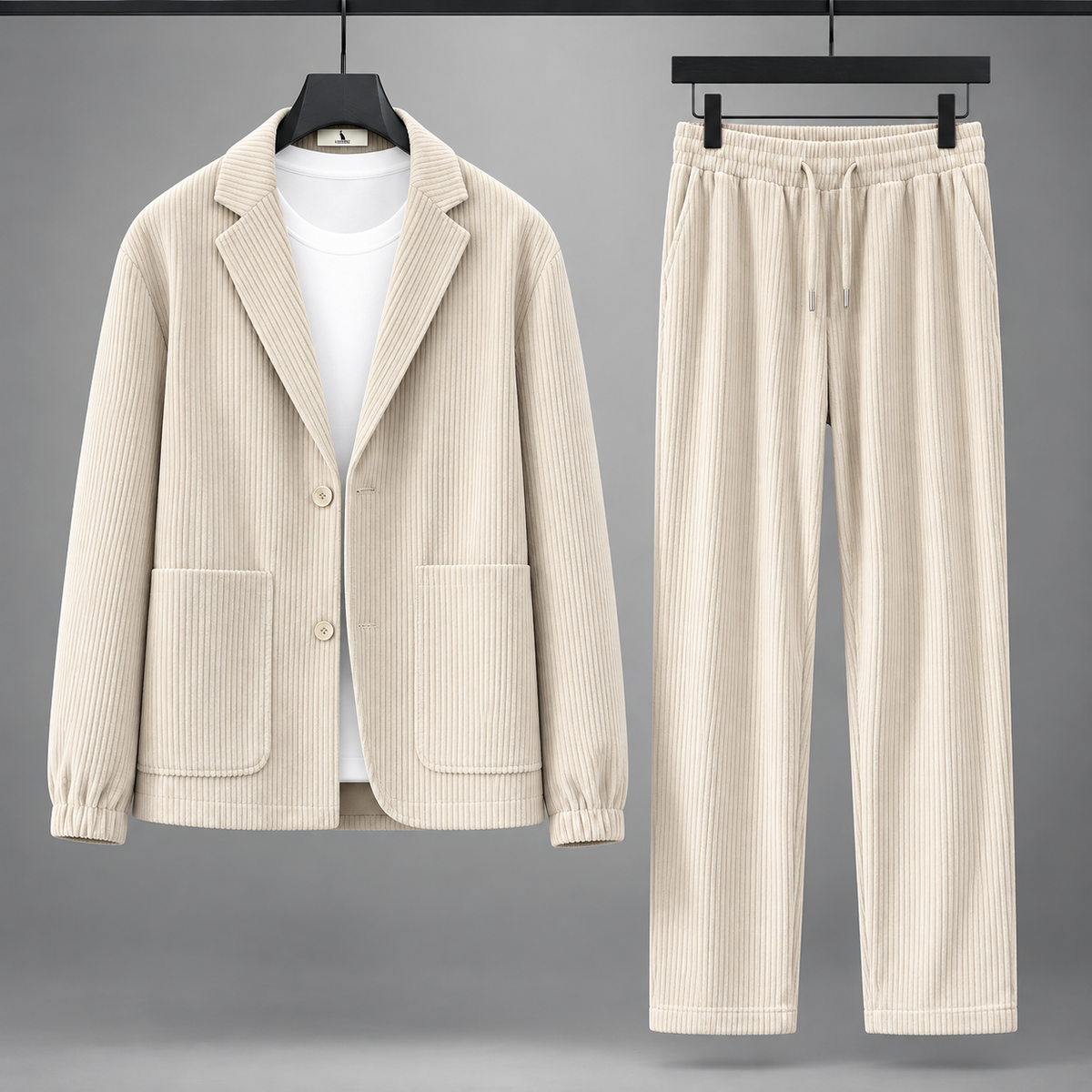 Men's Corduroy Blazer and Drawstring Trouser Set in Beige – front view of set | Hensley London