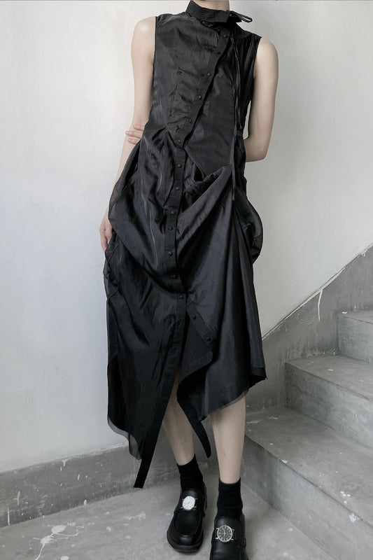 Black Pleated Mesh Sleeveless Midi Dress in Black – front view