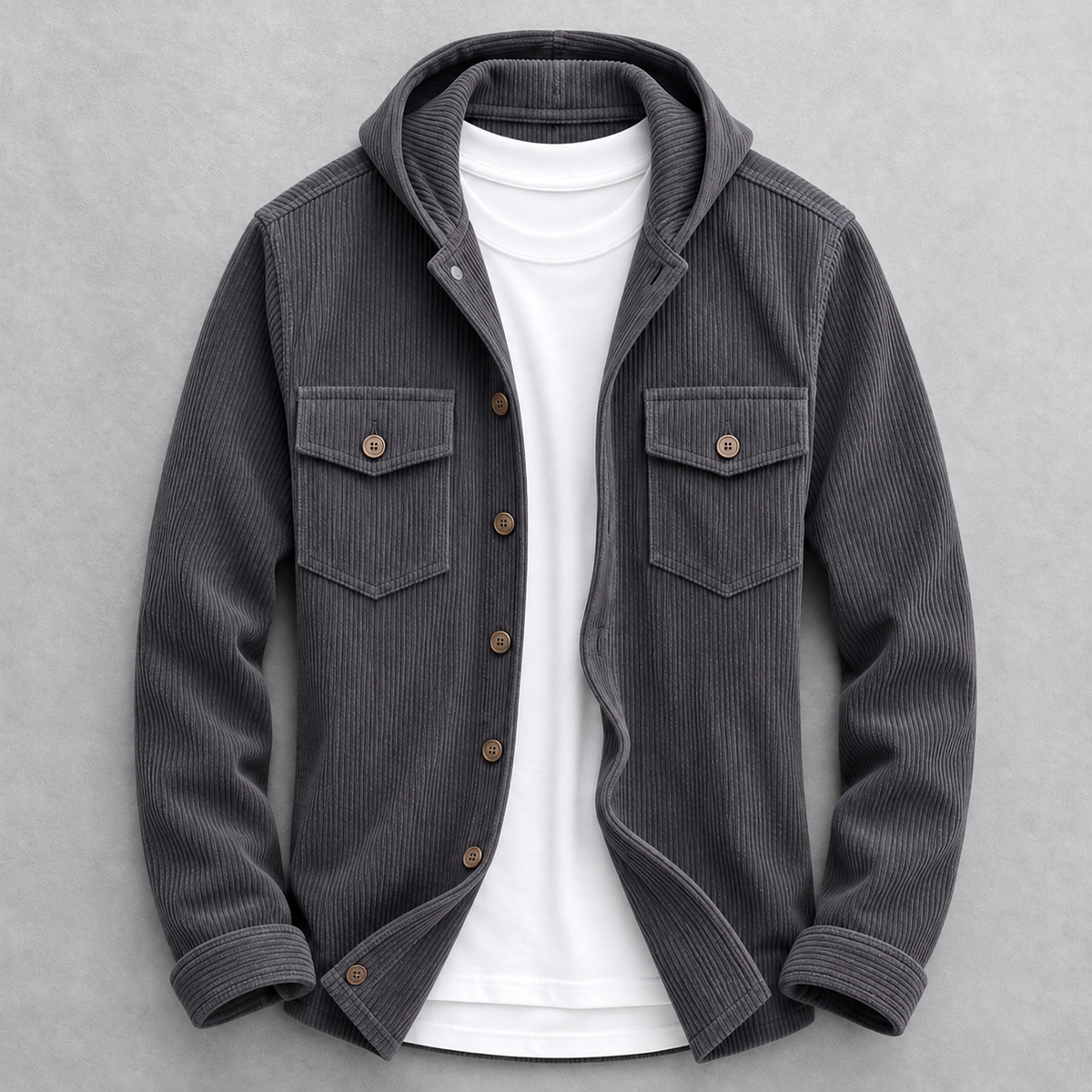 Men's Hooded Corduroy Jacket in Grey – front view | Hensley London