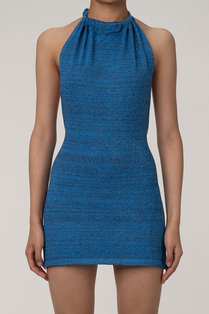 Women's Mini Dress Blue Knit Backless Halter Summer Dress-4
