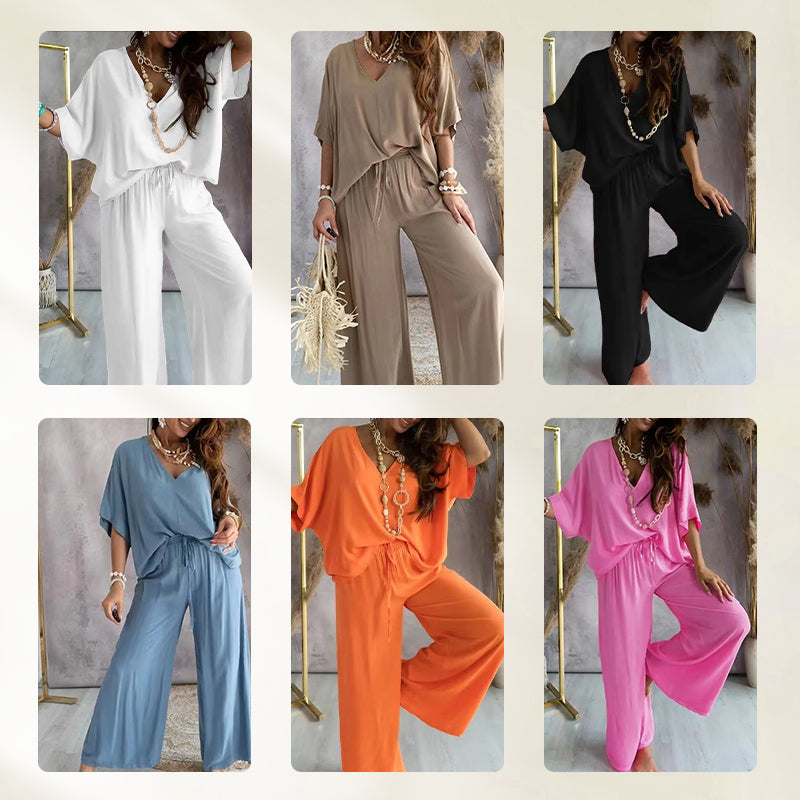 Women's Relaxed V-Neck Top and Wide-Leg Trouser Set in available colours – product view 11 | Hensley London