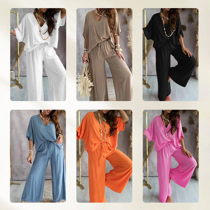 Women's Relaxed V-Neck Top and Wide-Leg Trouser Set in available colours – product view 11 | Hensley London