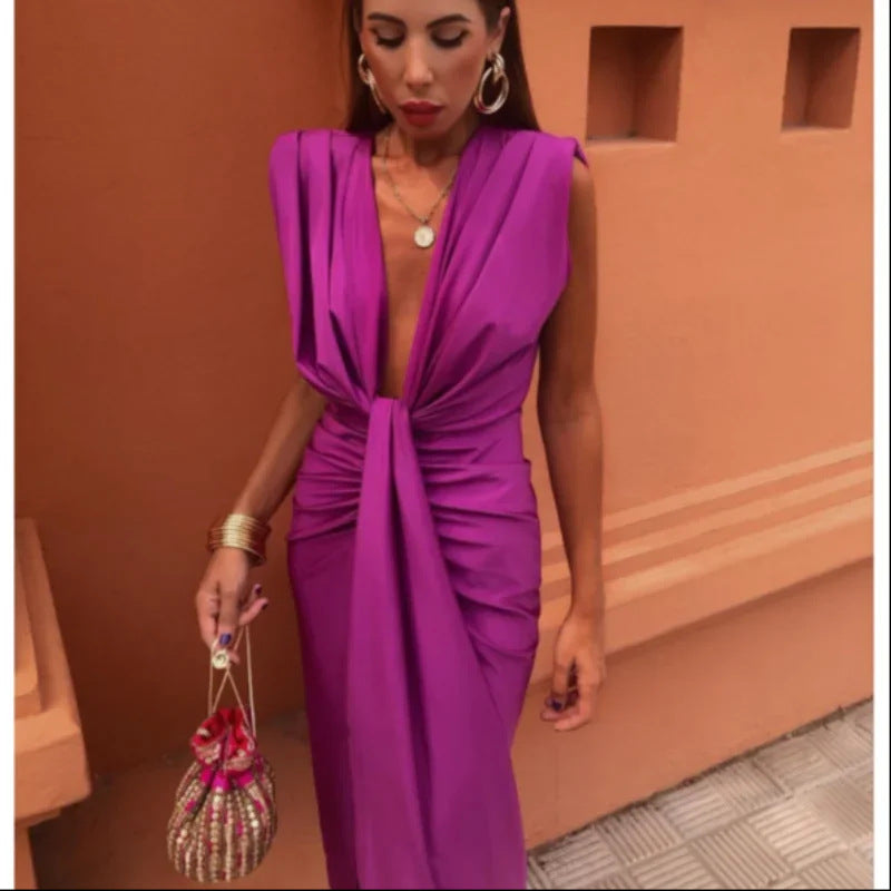 Women's Evening Gown Black Satin Deep V-Neck High Slit-5