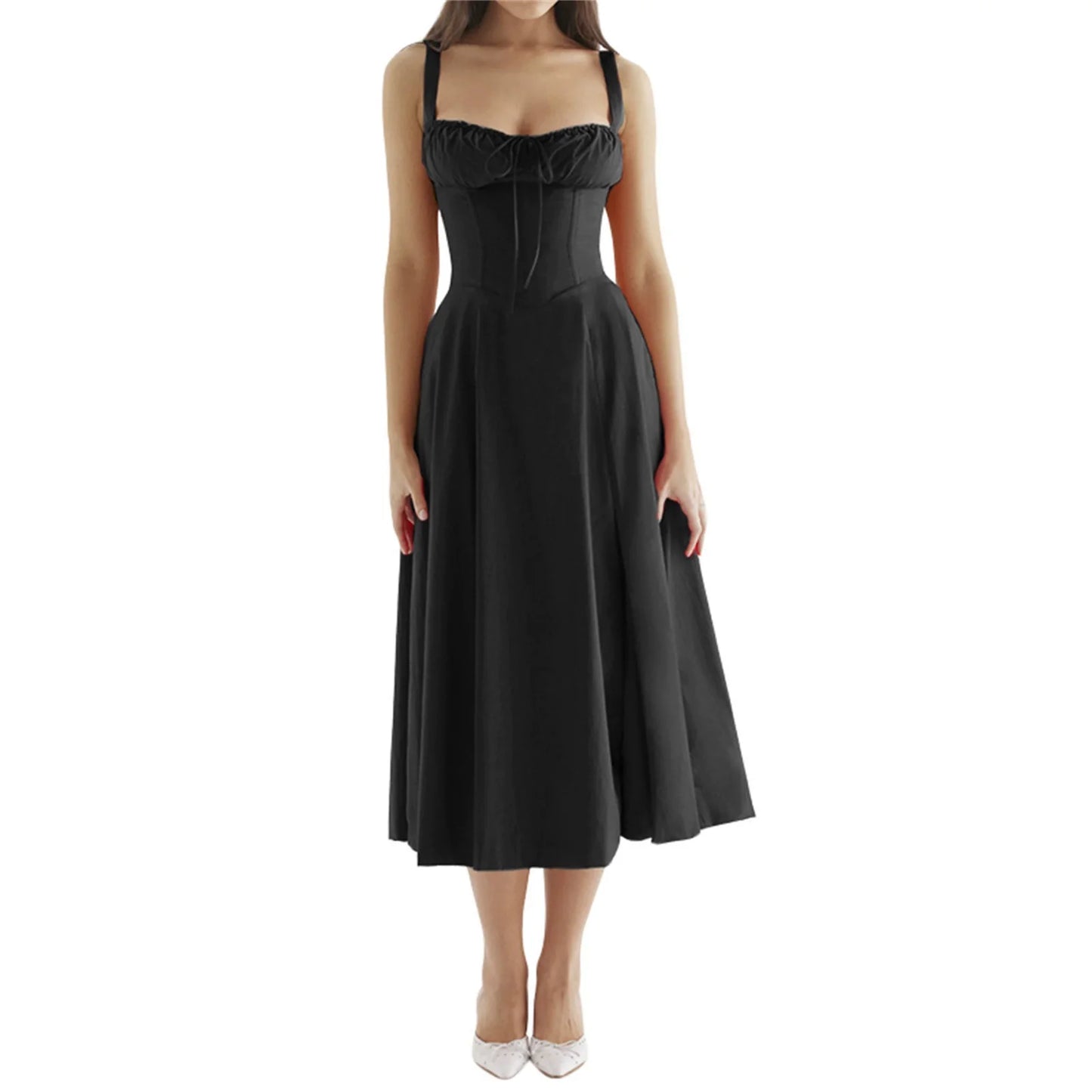 Women's Midi Dress Yellow Polyester Corset A-Line 1