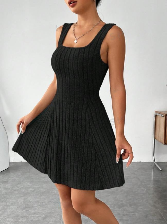Women's Sweater Dress Black Ribbed Knit A-Line 6
