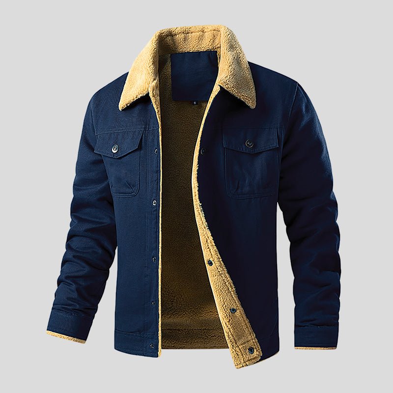 Men's Fleece-Lined Jacket with Contrast Collar in Blue – front product view | Hensley London