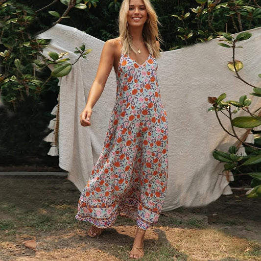 Women's Maxi Dress Pink Floral Rayon Cotton Size M-1