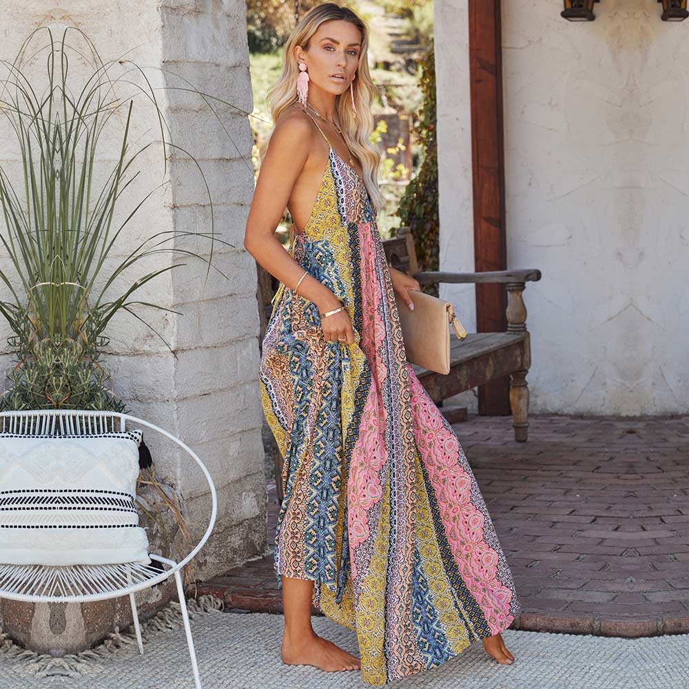 Women's Maxi Dress Multi-Color Polyester Bohemian Print Size S-M-L-XL-3