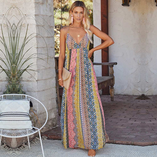 Women's Maxi Dress Multi-Color Polyester Bohemian Print Size S-M-L-XL-1