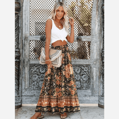 Women's Maxi Skirt Brown Floral Cotton Rayon Blend-2