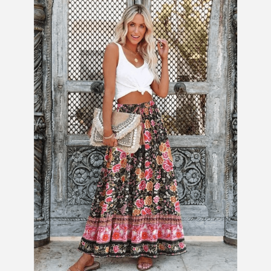 Women's Maxi Skirt Brown Floral Cotton Rayon Blend-1