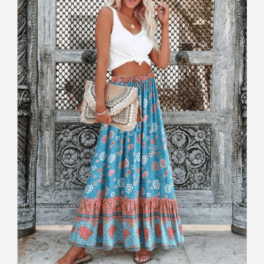 Women's Maxi Skirt Blue Floral Cotton Rayon Blend-1