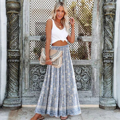 Women's Maxi Skirt Light Blue Floral Cotton Rayon Blend-1
