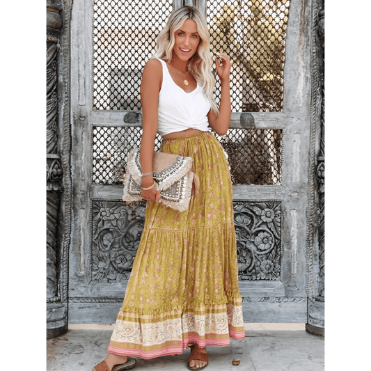 Women's Maxi Skirt Yellow Floral Cotton Rayon Blend-1