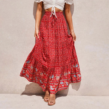 Variant image for Women's Maxi Skirt Red Beige Floral Cotton Rayon-1