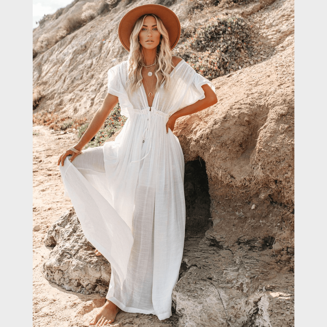 Variant image for Women's Beach Cover Up Dress White One Size Polyester Boho Style-1