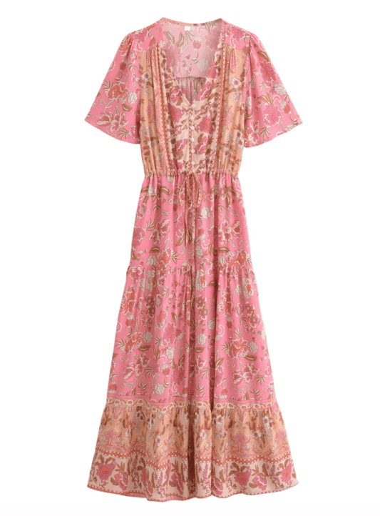 Women's Maxi Dress Pink Floral Size M Cotton Rayon-2