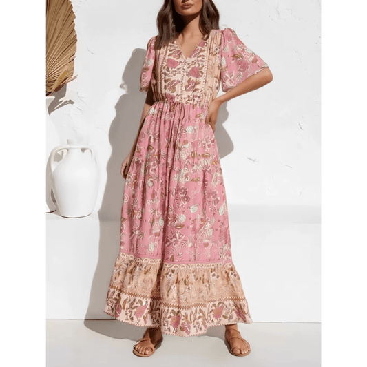 Women's Maxi Dress Pink Floral Size M Cotton Rayon-1