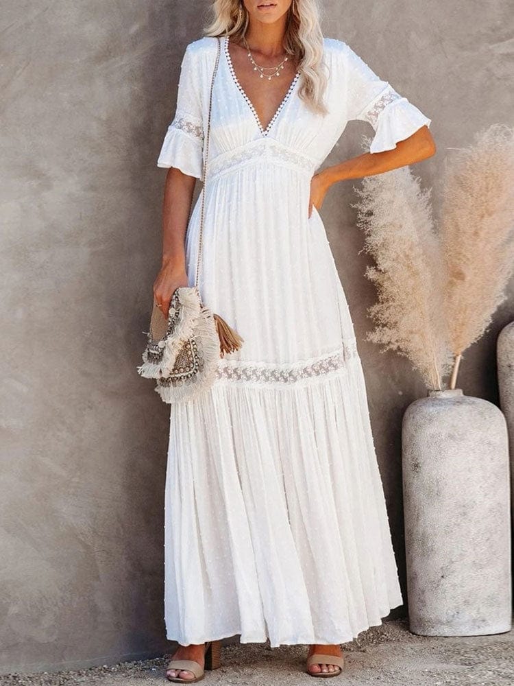 Women's Plus Size Maxi Dress White Lace High Waist Rayon-4