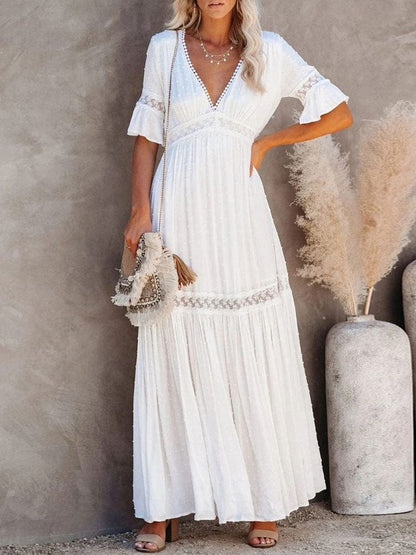 Women's Plus Size Maxi Dress White Lace High Waist Rayon-4