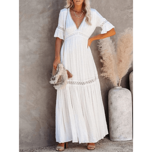 Women's Plus Size Maxi Dress White Lace High Waist Rayon-1