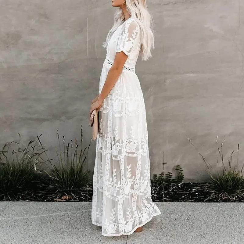 Women's Maxi Dress White Lace Short Sleeve Size S-XL-3