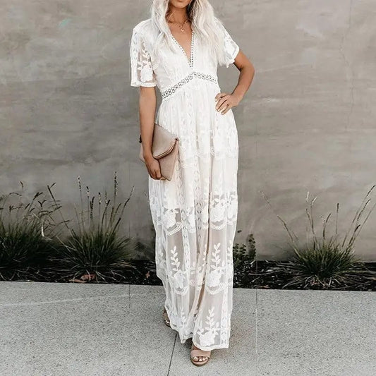 Women's Maxi Dress White Lace Short Sleeve Size S-XL-1