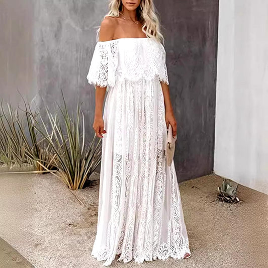 Women's Maxi Dress White Lace Off Shoulder Size S-XXL-1