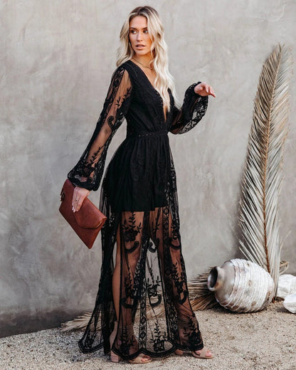 Women's Maxi Dress Black Size M Lace Polyester-4