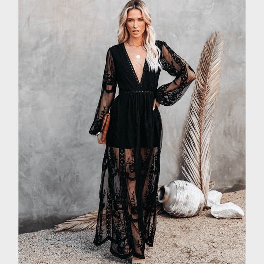 Women's Maxi Dress Black Size M Lace Polyester-1