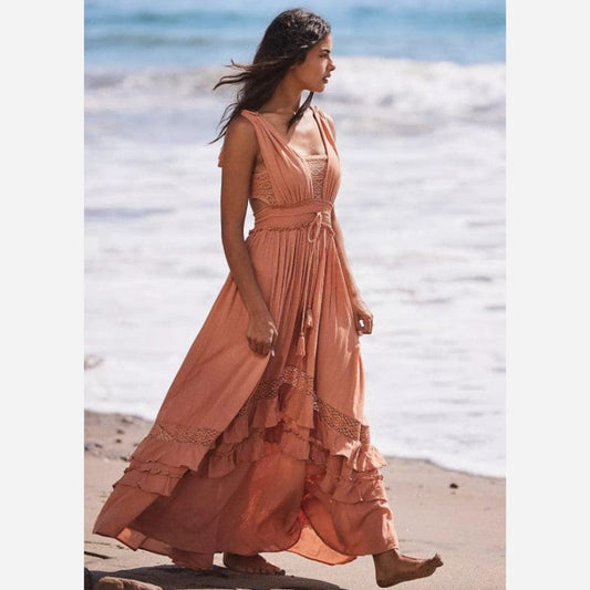Women's Maxi Dress Coral Size M Cotton Blend A-Line Summer Dress-2