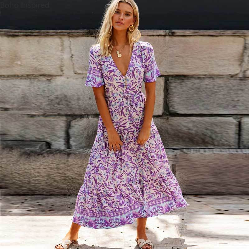 Women's Maxi Dress Purple Floral Rayon Size S M L-3