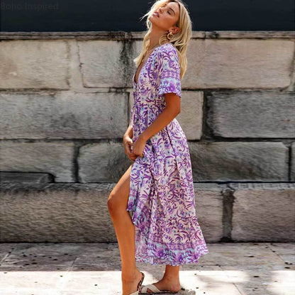 Women's Maxi Dress Purple Floral Rayon Size S M L-4