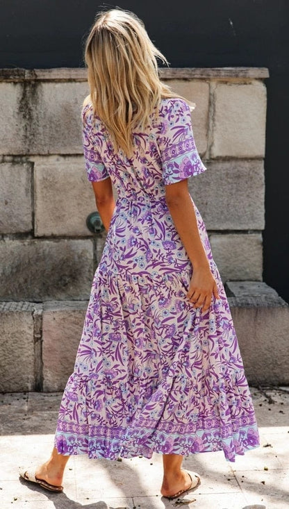 Women's Maxi Dress Purple Floral Rayon Size S M L-5