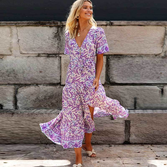 Women's Maxi Dress Purple Floral Rayon Size S M L-1