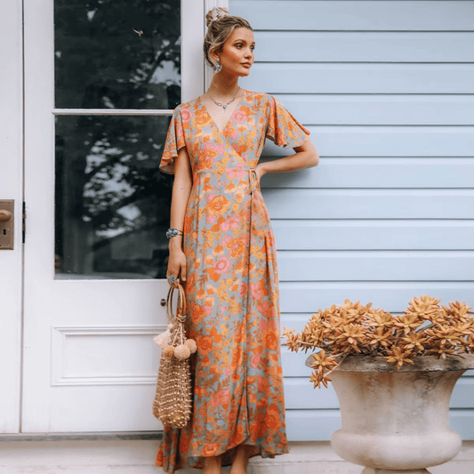 Women's Maxi Dress Orange Floral Size M Polyester-1