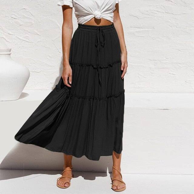 Women's Maxi Skirt Blue Cotton Rayon Blend Ruffle-3
