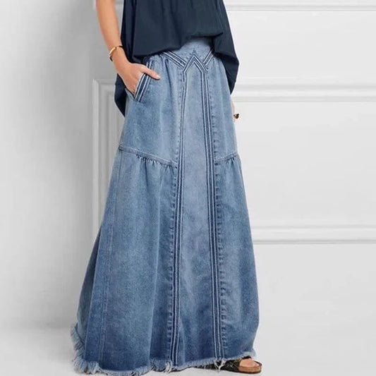 Women's Denim Maxi Skirt Blue Casual Bohemian Style-1