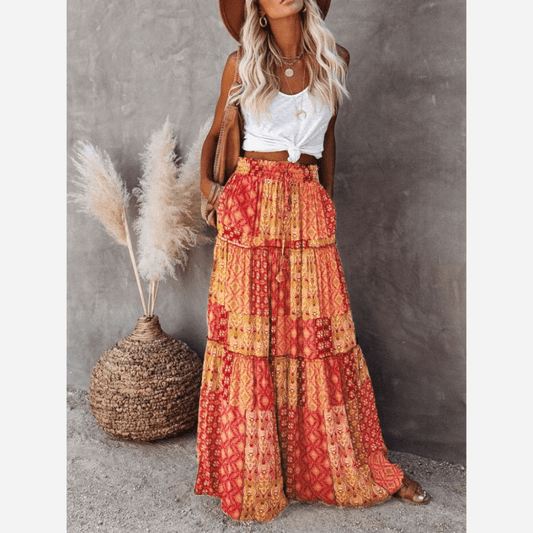 Women's Maxi Skirt Red Floral Print Polyester-2